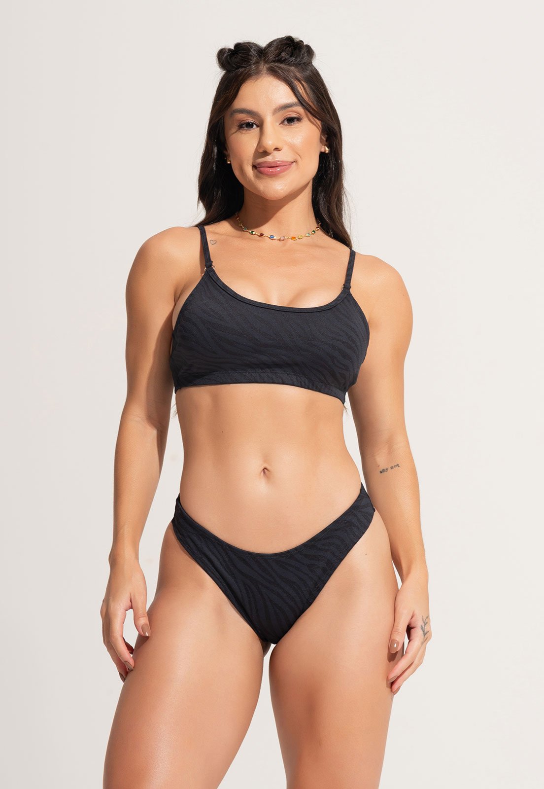 Biquíni MVB Modas Top Faixa Bojo Asa Delta Jacquard Alcinha Preto