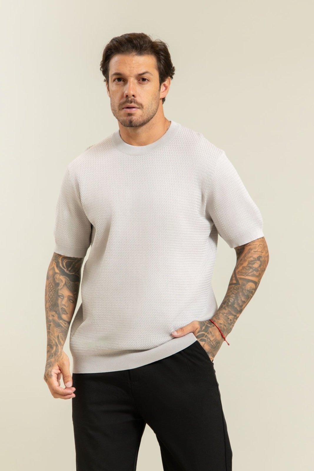 Camiseta de Tricot Masculina Básica em Viscose Cinza Dialogo