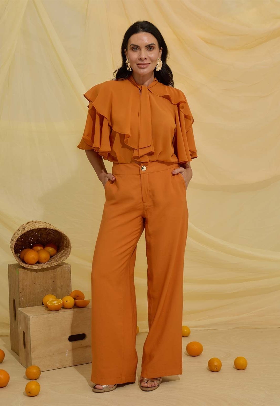 Conjunto Kímika de Calça Cós Alta e Blusa Laranja