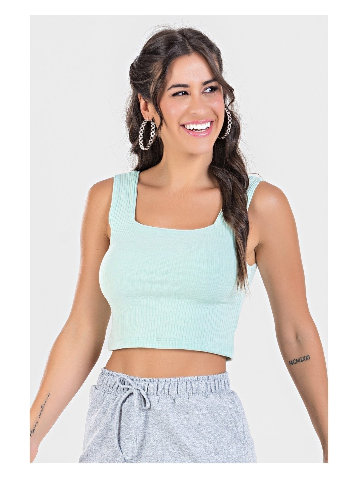Vista 2 Blusa Cropped Ribana Canelada Sea Meu Jeans verde Meu Jeans verde