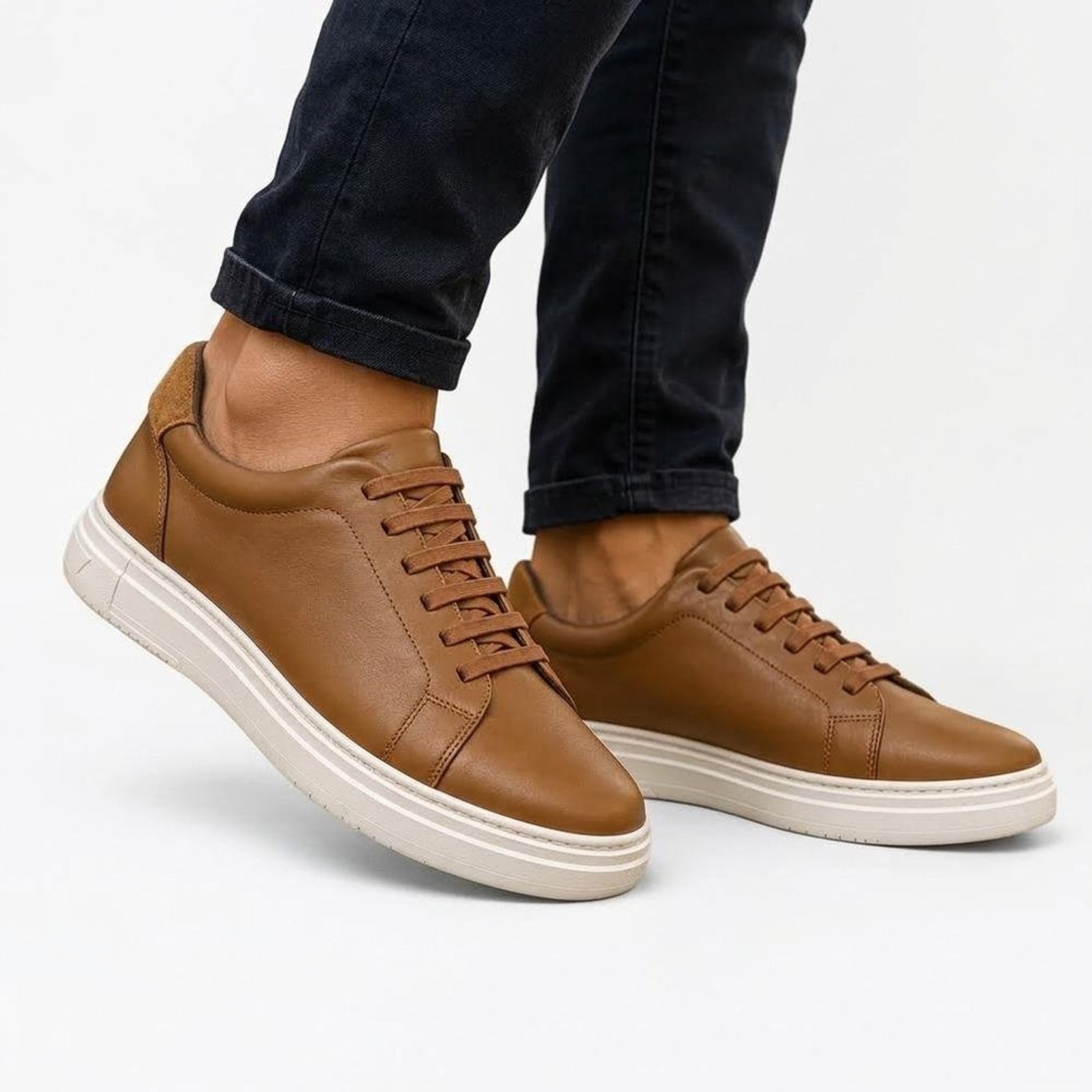 Tênis Masculino Couro Legítimo Camurça Casual Conforto Caramelo