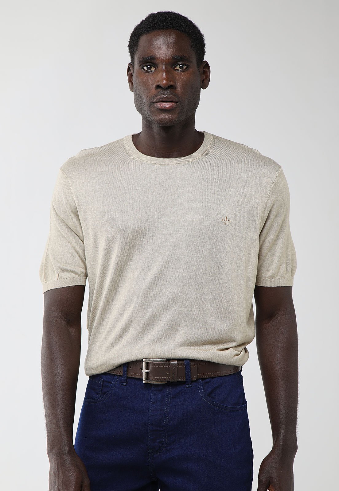 Camiseta Tricot Masculina Dudalina Gola Careca Bege
