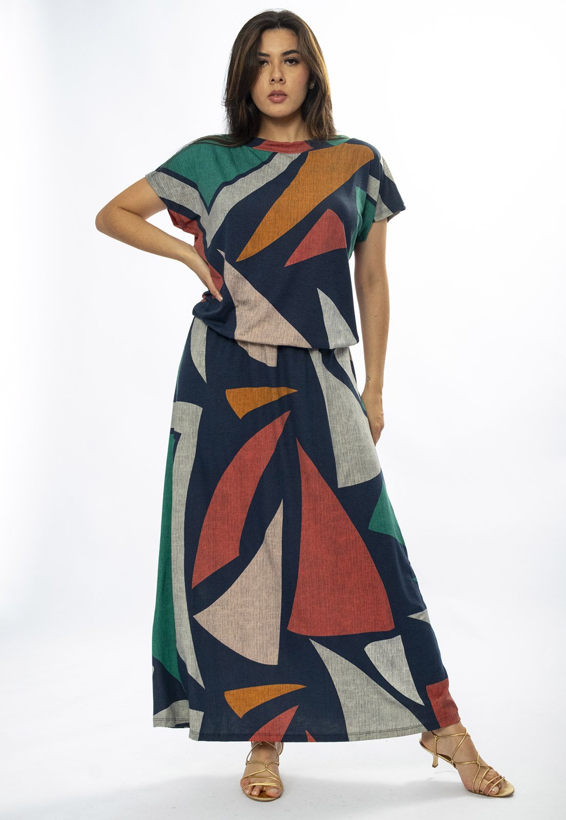 Vista 2 Vestido Longo Amazônia Vital Morcego Malha Estampa Geometrias do Tempo Amazonia Vital azul marinho/cinza/estampado/verde