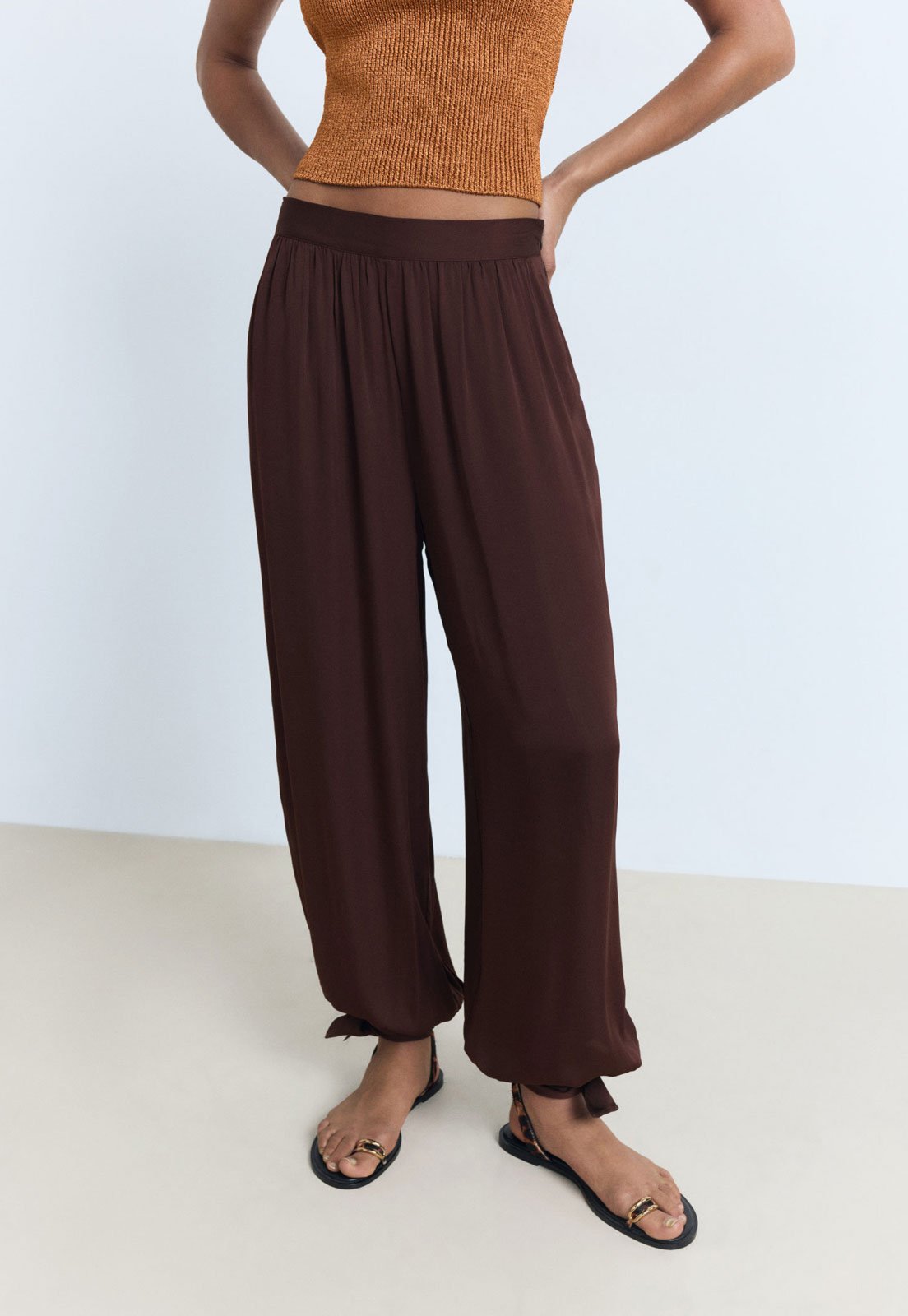 Calça Feminina Mango Ampla Amarração Marrom