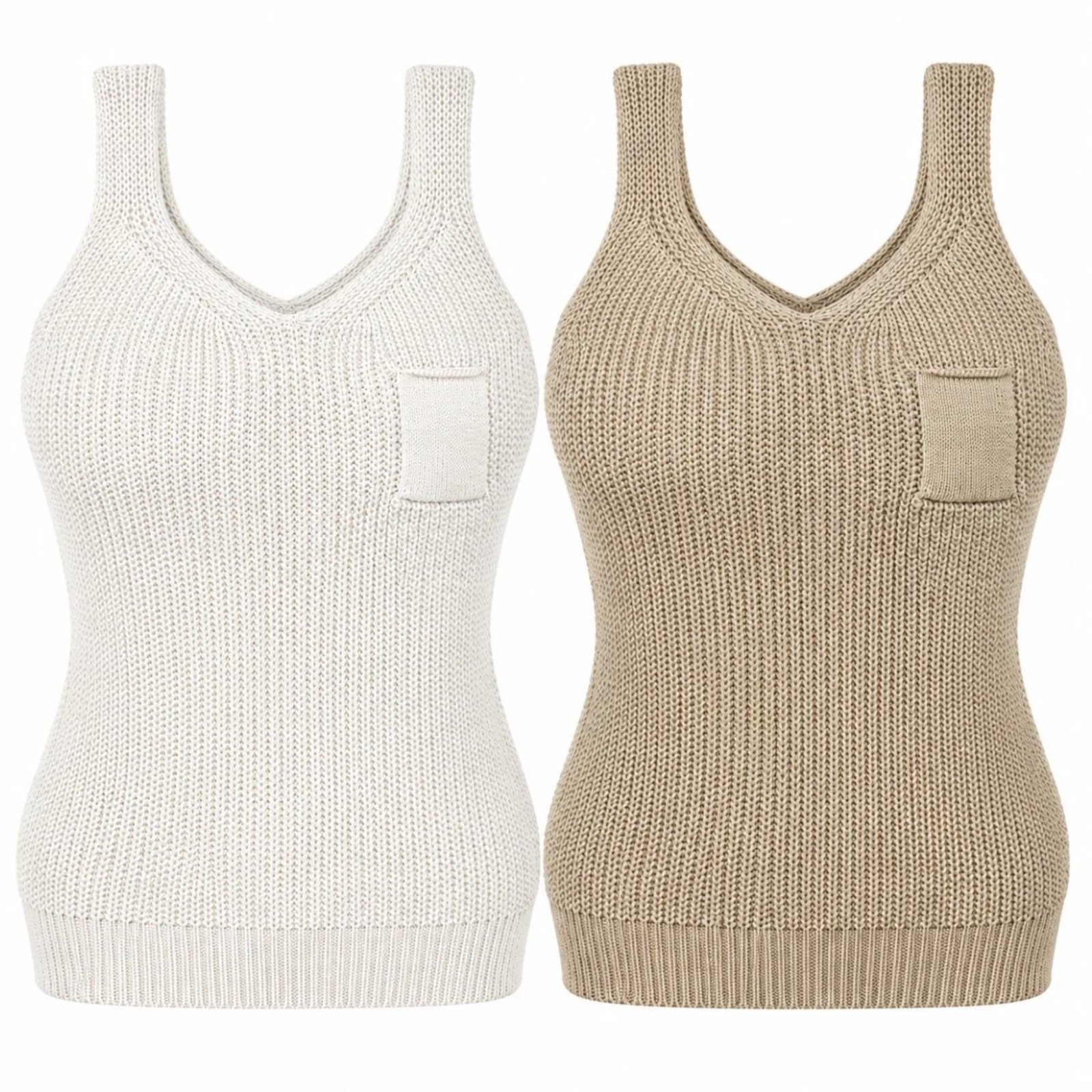 Kit 2 Regatas Femininas Tricô com Bolso Decote V Alça Larga Verão Branco