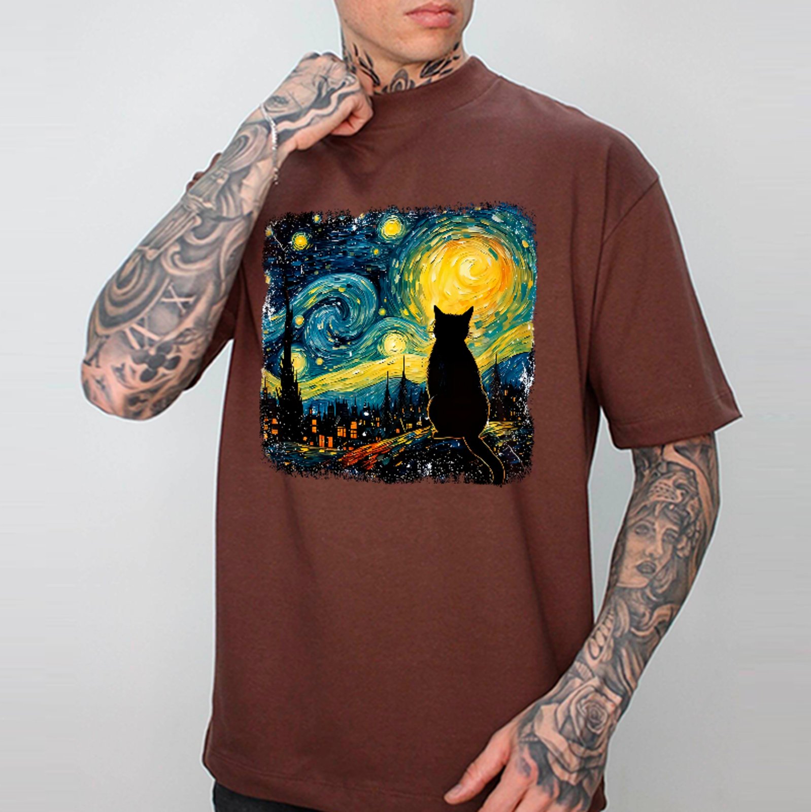 Camiseta Oversized Gato Noite Estrelada Arte Fashion Exclusiva Marrom
