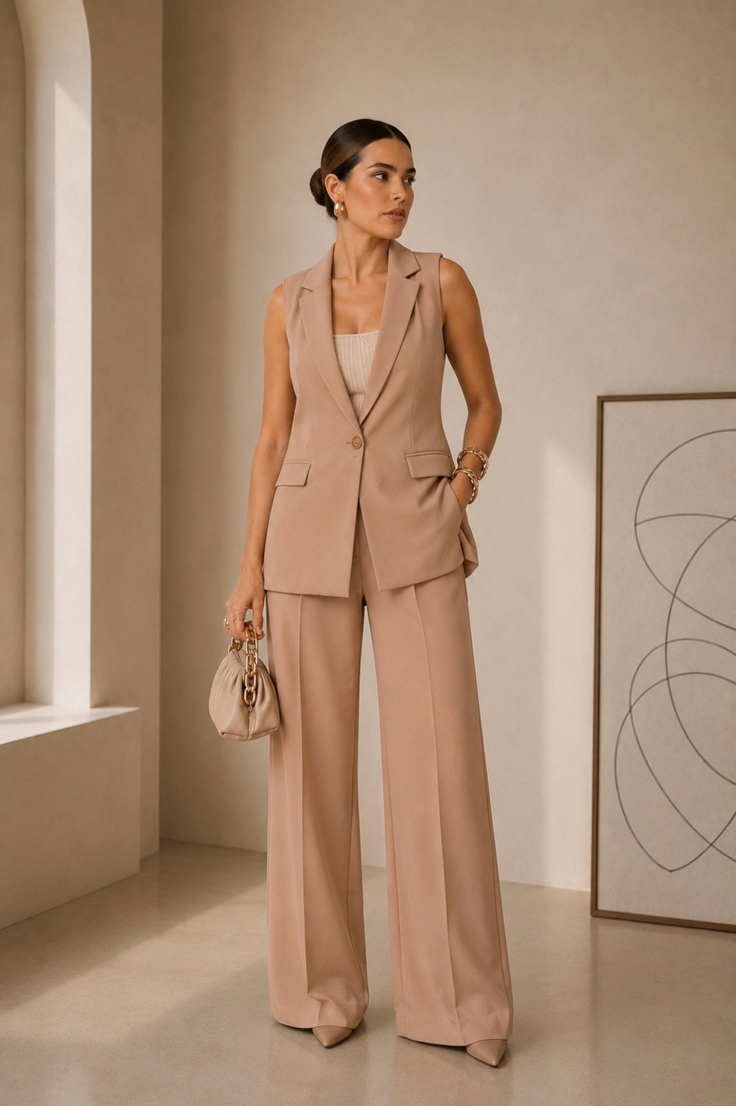 Conjunto MOS Feminino de Alfaiataria com Colete Alongado e Calça Pantalona com Cinto Bege Nude – Mariana Olympio
