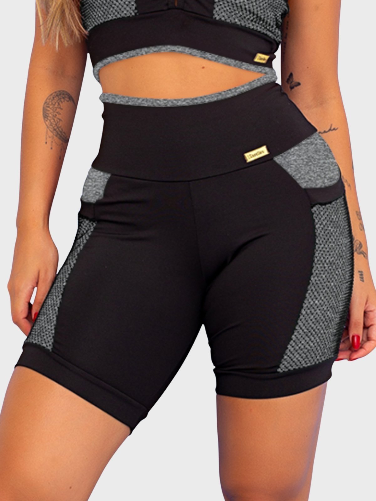 Short Fitness Tarelles Cintura Alta Bolso Tela Preto e Cinza