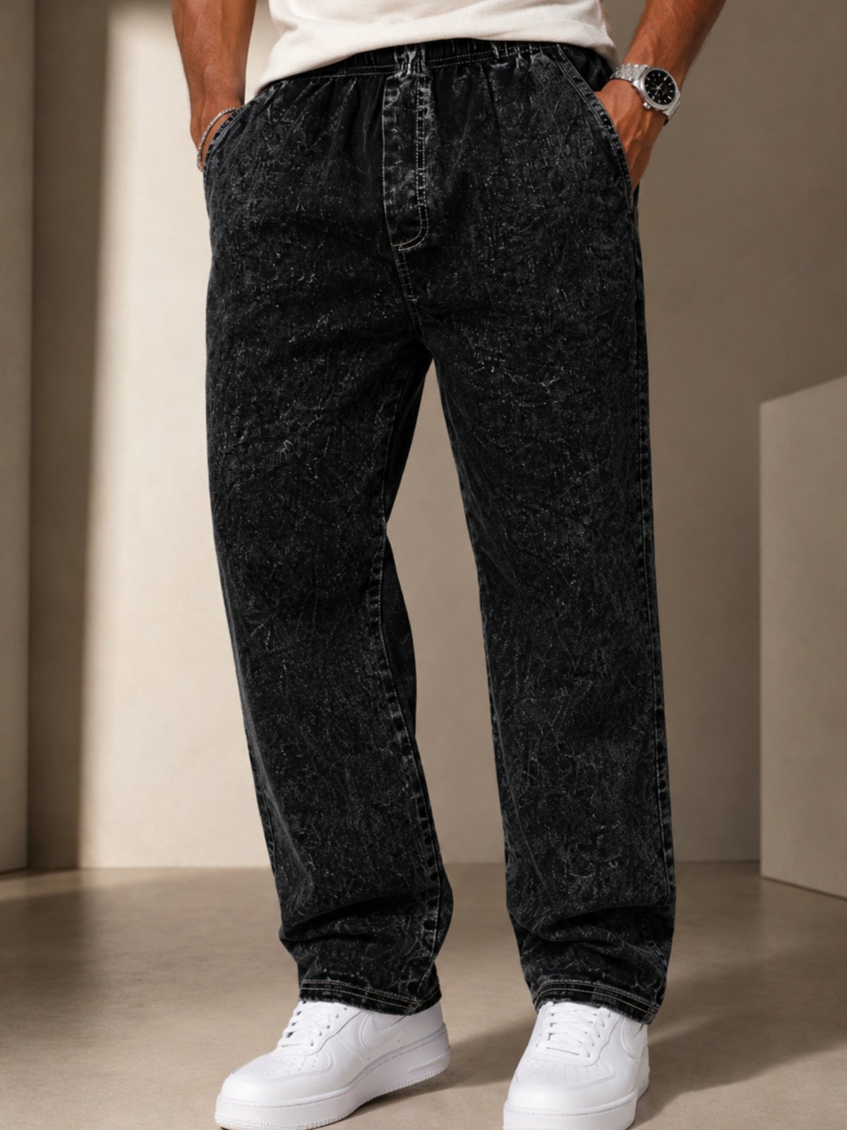 Calça Jeans Masculina Wide Leg Yellow Jeans Preta Estonada Premium Cintura Elástica Conforto Streetwear Casual