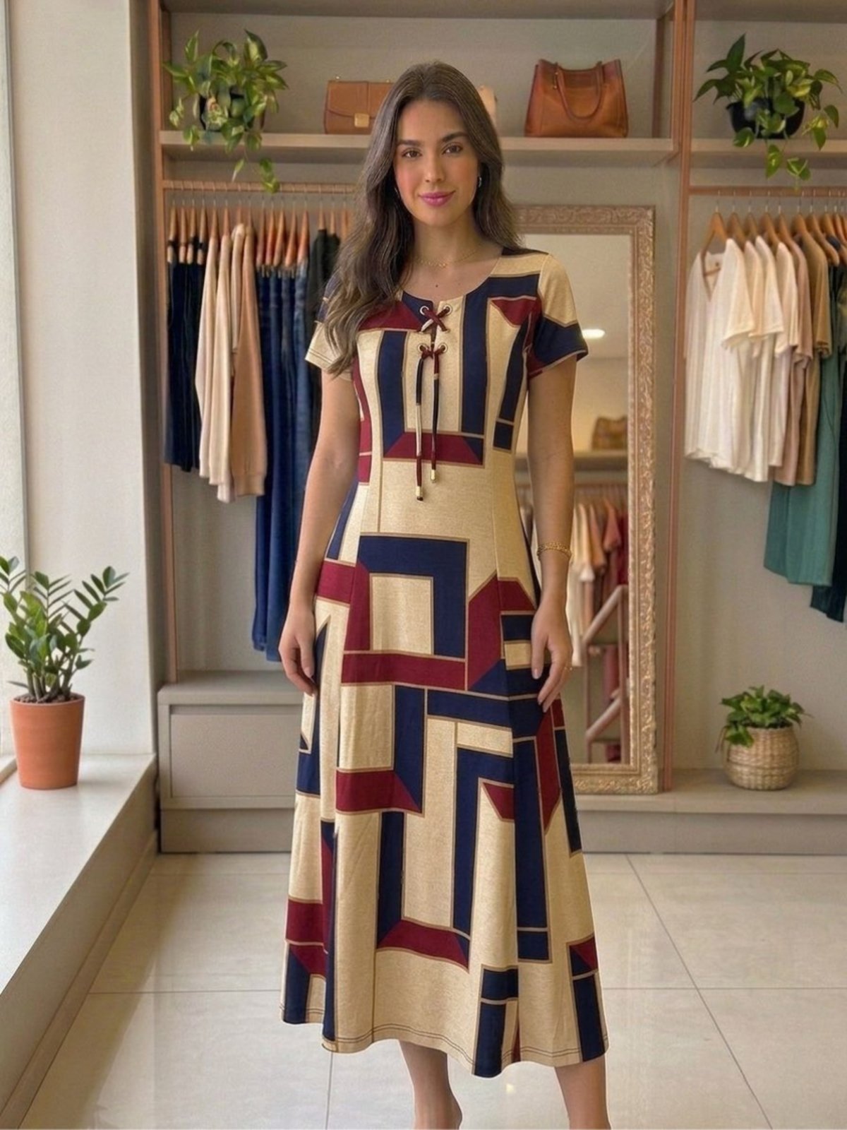 Vestido Midi Rodado Soltinho Moda Evangélica Estampado Feminino Vermelho Geométrico