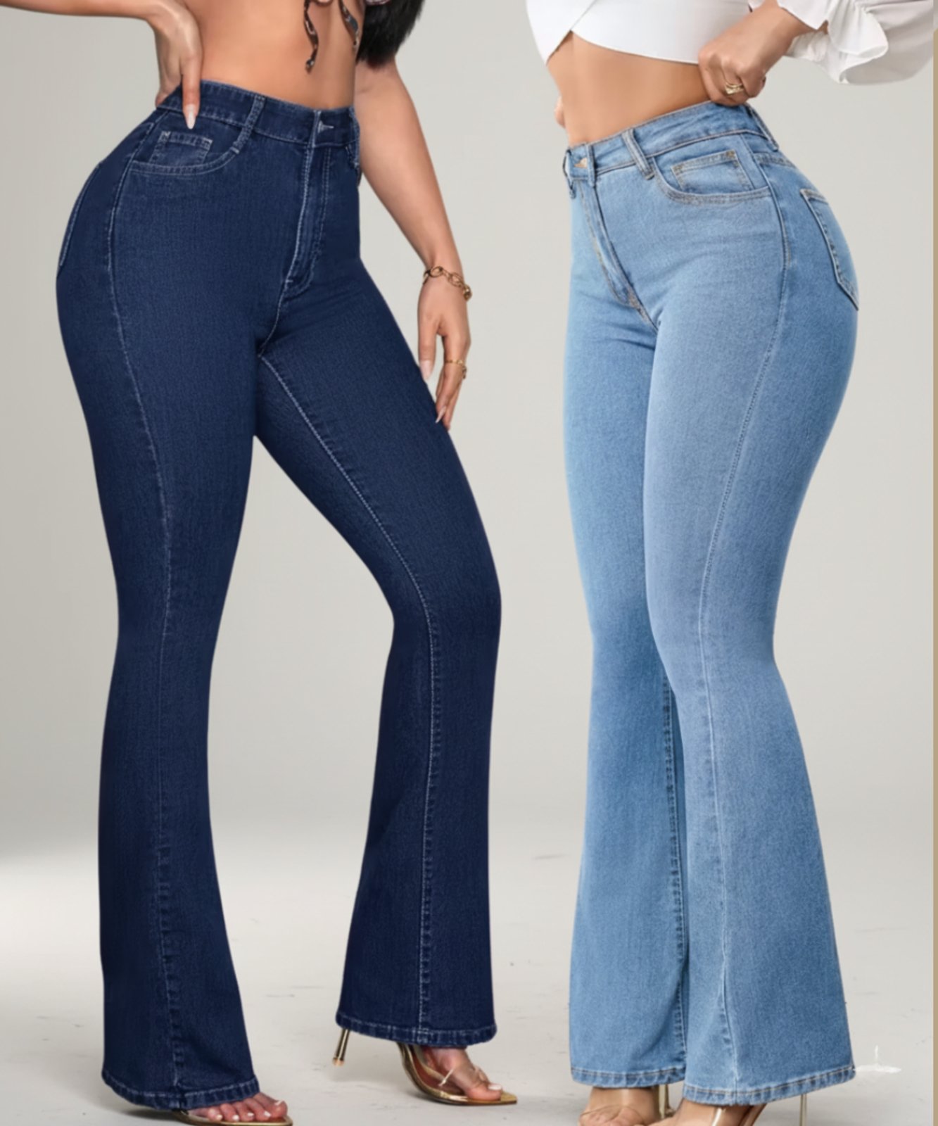 Kit 2 Calças Flare Jeans Feminina Alpha Street Wear Premium Com Elastano Cintura Alta Levanta Bumbum Estilo Gringa Azul Delave