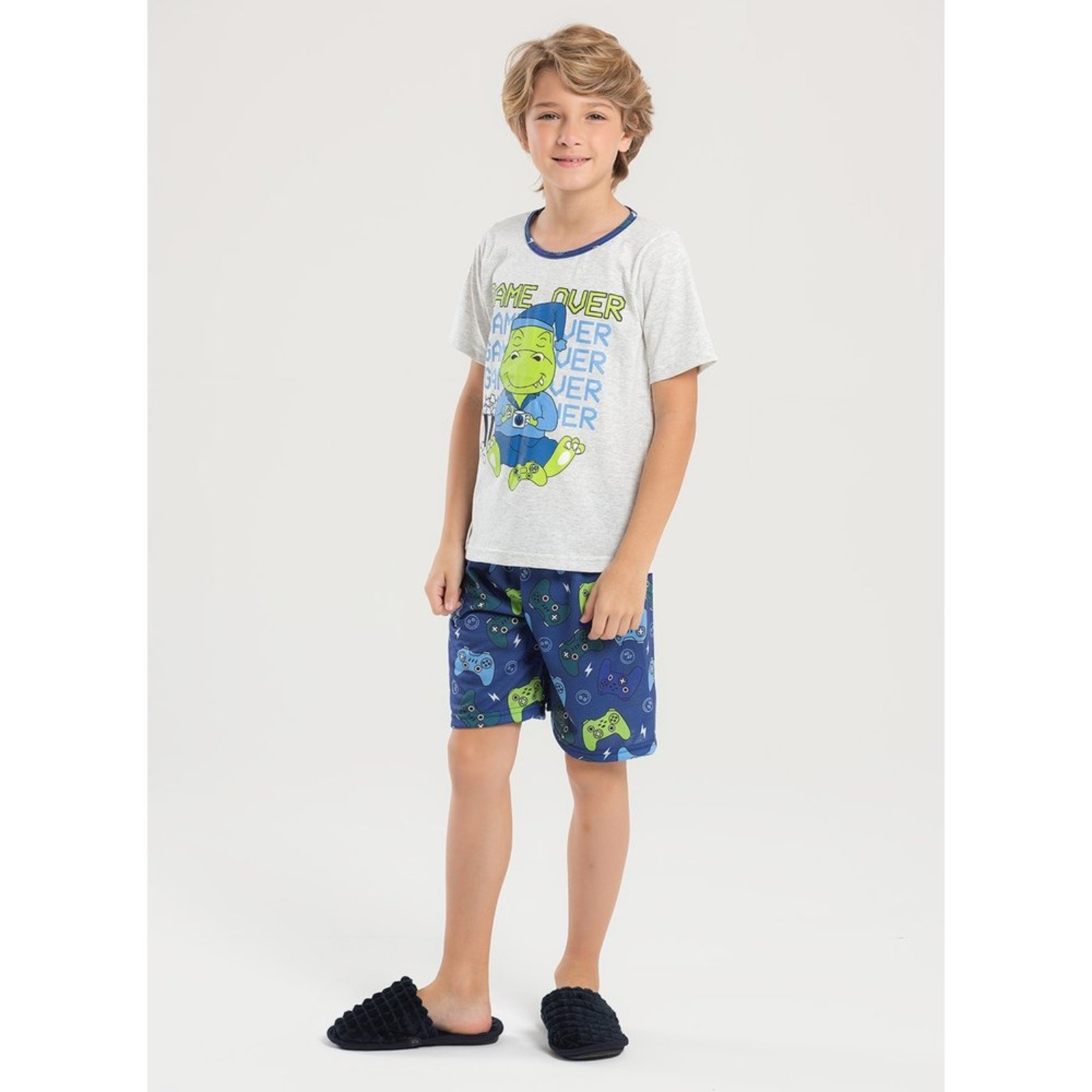 Pijama Verão Menino Mescla Camiseta Brilha no Escuro e Bermuda Jacaré Game Over