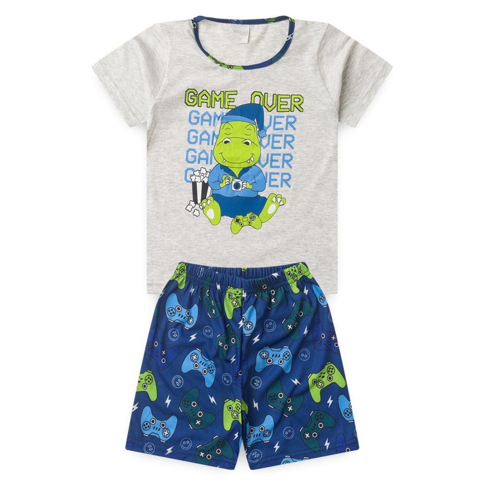 Vista 3 Pijama Verão Menino Mescla Camiseta Brilha no Escuro e Bermuda Jacaré Game Over Molekada cinza Molekada cinza