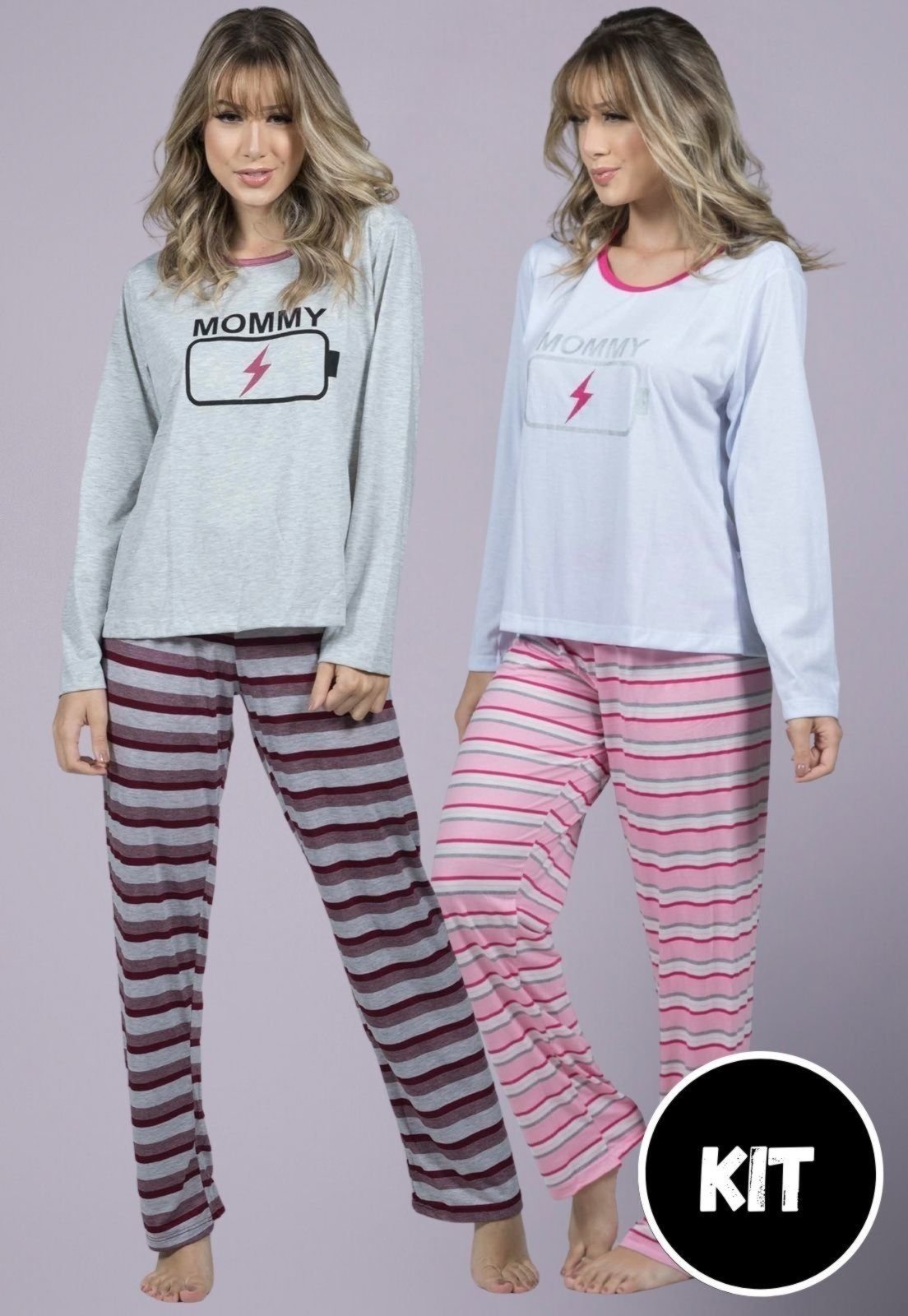 Kit 2 Pijamas Feminino Longo Bella Fiore Modas Mãe Inverno Mommy Branco/Cinza