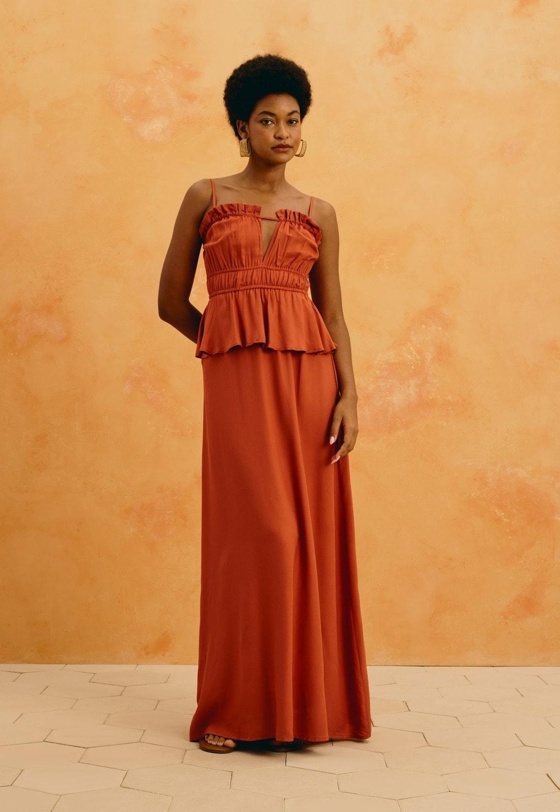 Vestido Longo Liso Peplum Babados Laranja