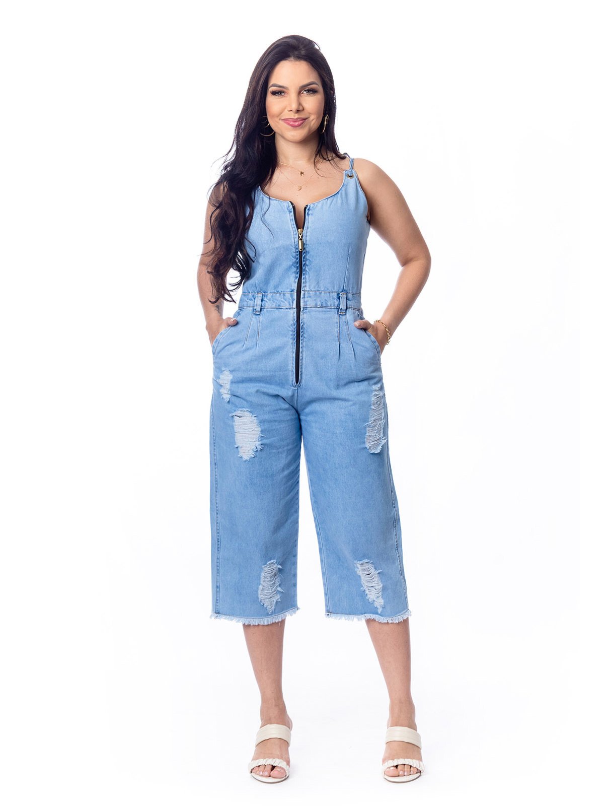 Macacão Pantacourt Restrito Jeans Pantacourt Com Zíper – AZUL