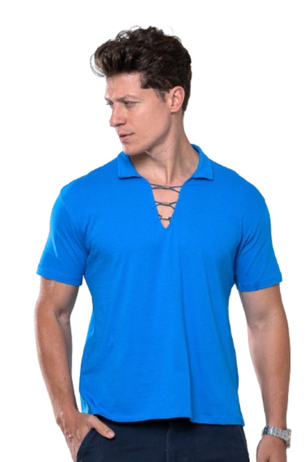 Camiseta Masculina Camisa Gola V Polo Garais Moda Casual Manga Curta 100% Algodão com Ilhós e Cordão Ajustável Azul