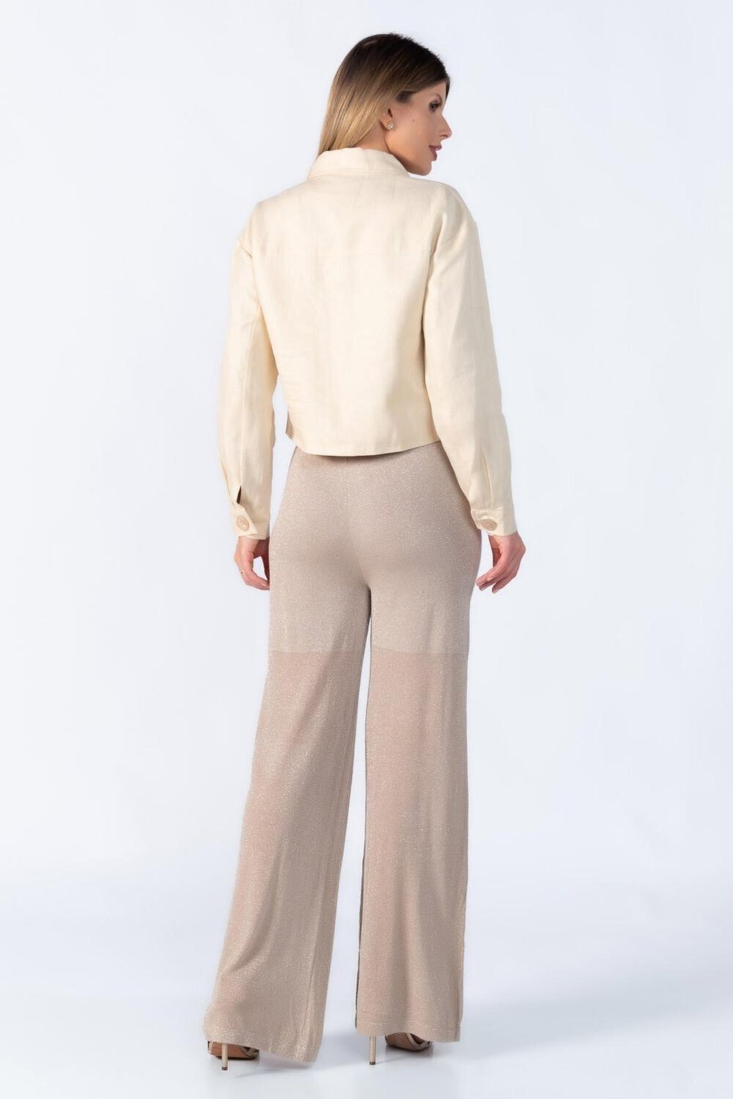 Calca pantalona fios de lurex Bege