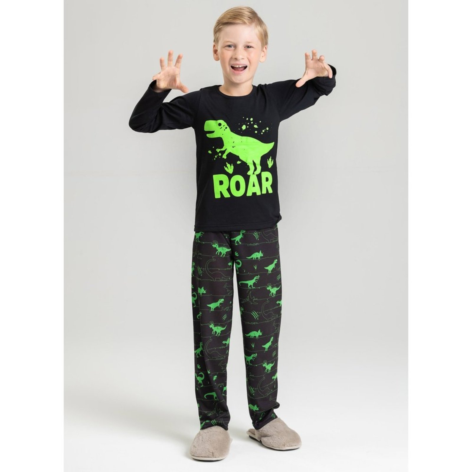 Pijama Longo Preto Menino Dinossauro Roar