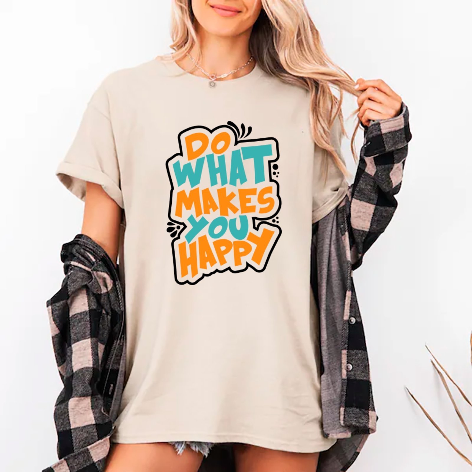 Camiseta Ousy Unissex Do What Makes You Happy Básica Off White