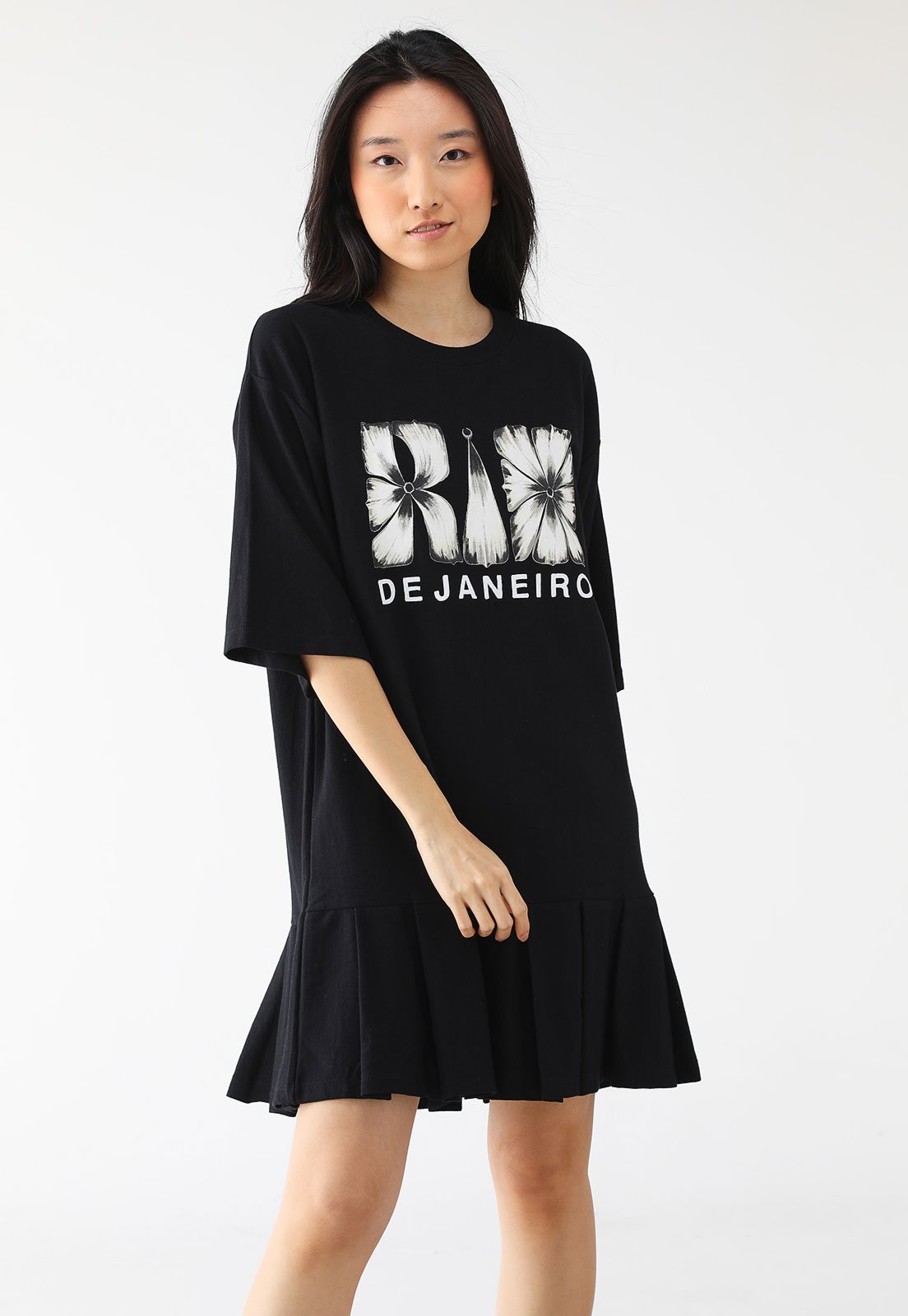 Vestido FARM Curto Pregas Rio Flor Preto