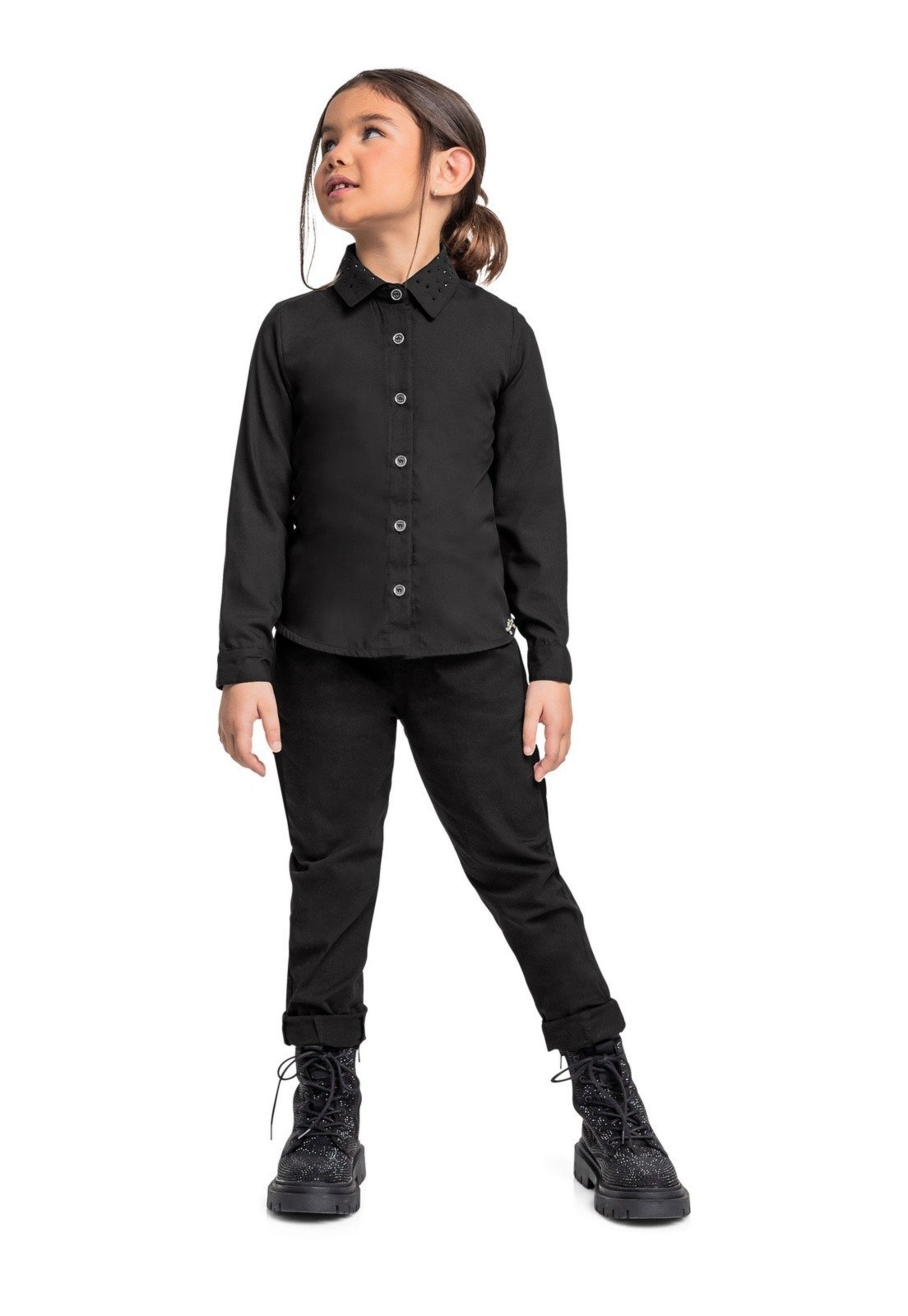 Infantil - Camisa Manga Longa em Tricoline para Menina Quimby Preto