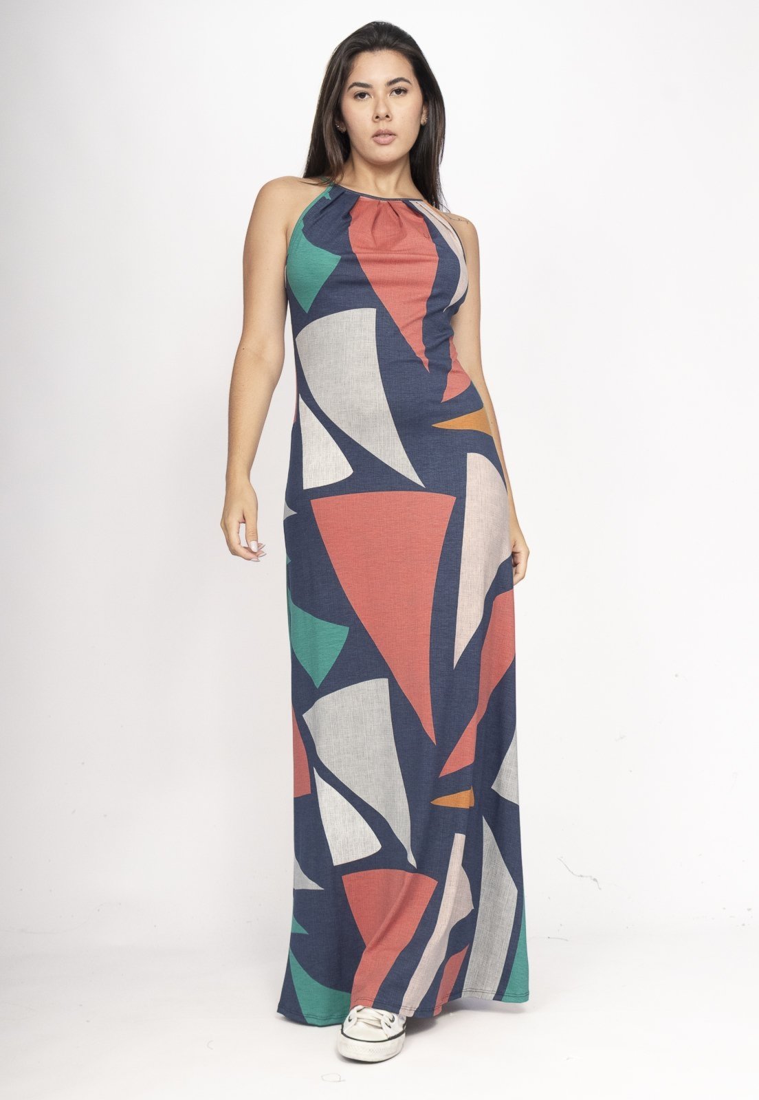 Vista 3 Vestido Amaoznia Vital Longo Eirapuã Malha Trapézio Geometrias do Tempo Amazonia Vital estampado Amazonia Vital estampado