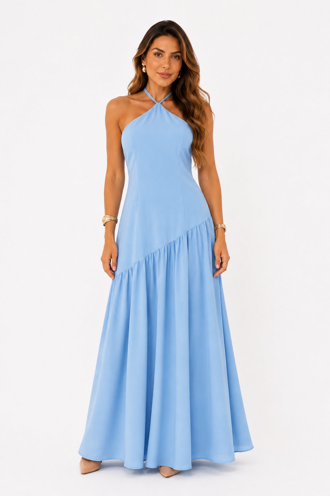 Vestido Longo D Bell Outlet Fashion Recorte Assimétrico Azul