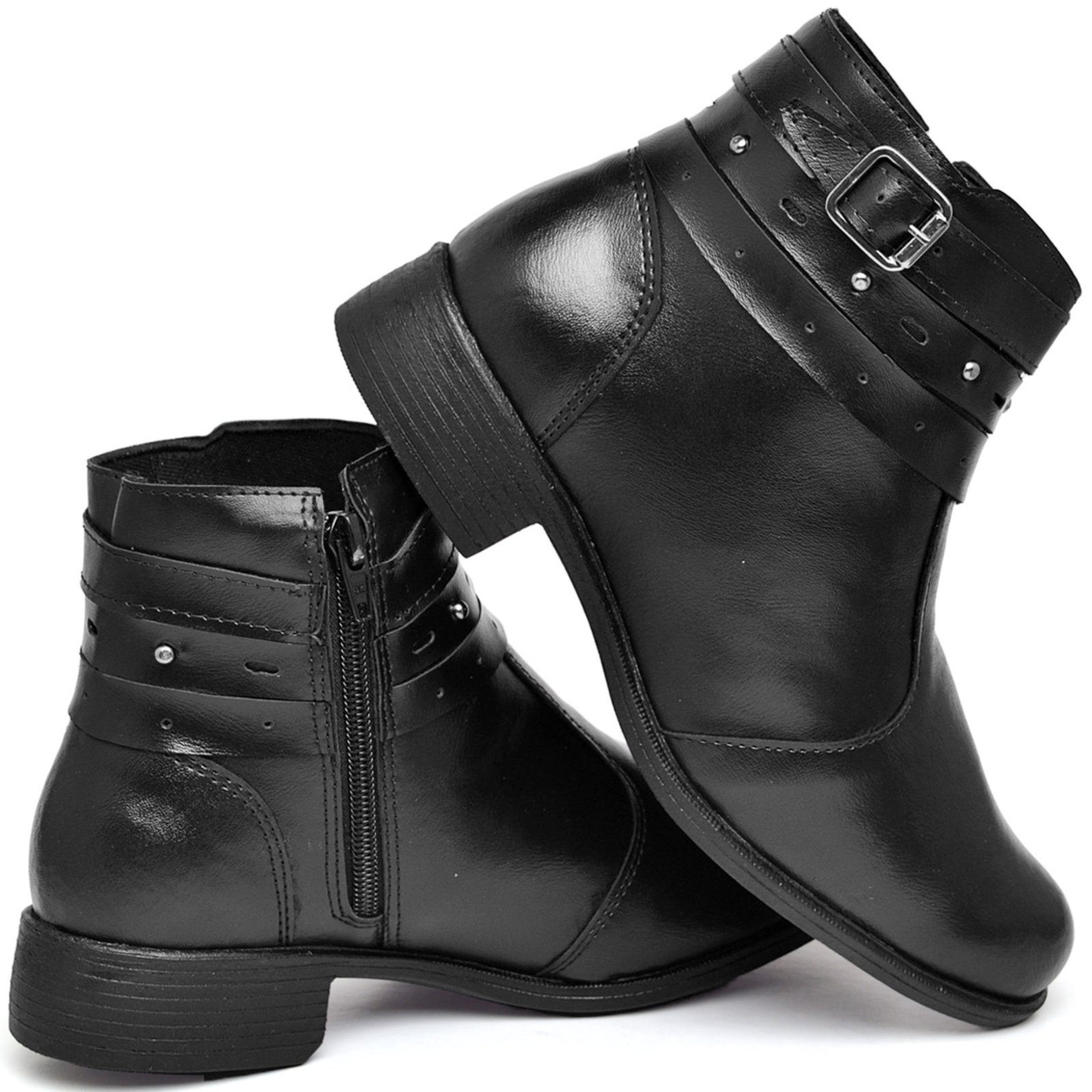 Vista 3 Bota Feminina Casual Cano Médio em Sintético Preta com Zíper e Fivela do 33 ao 40 Polo Blu preto Polo Blu preto