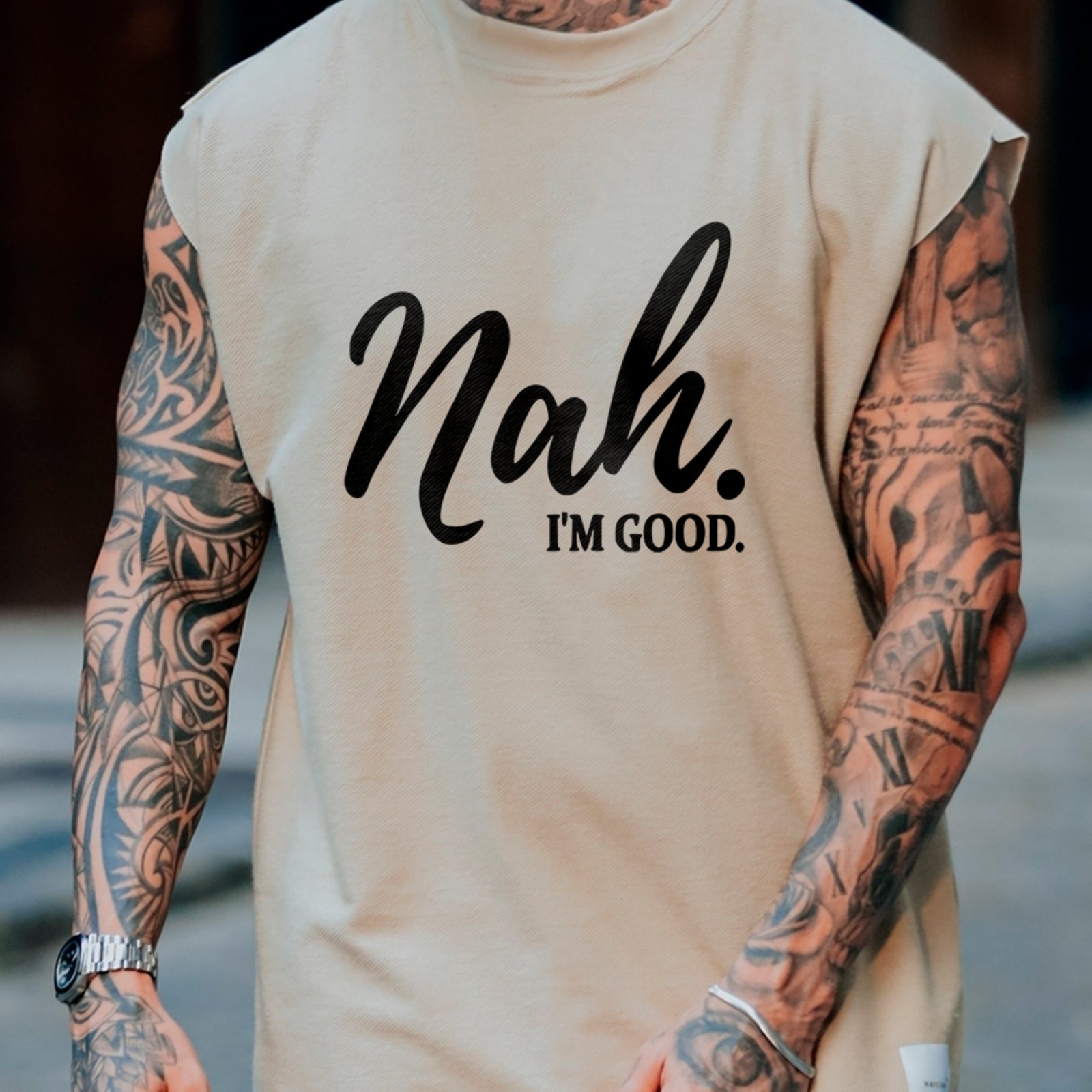 Camiseta Regata Machão Nah Im Good Lettering Estilo Streetwear Off White