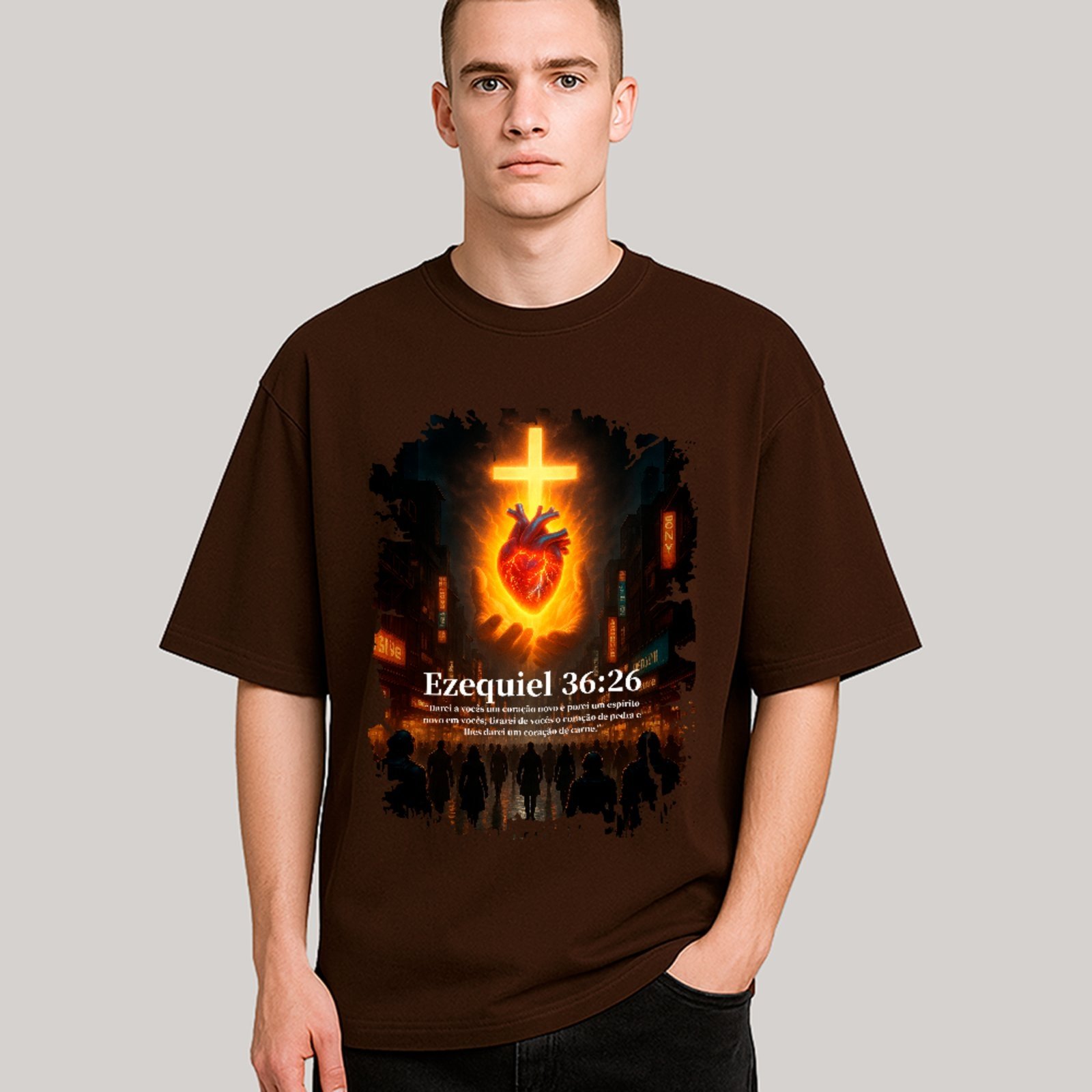 Camiseta Ousy Cristã Oversized Ezequiel Coração Flamejante Unissex Marrom