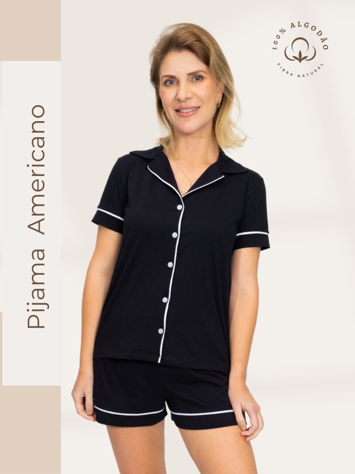 Pijama Piante Algodão Feminino Americano Curto Preto