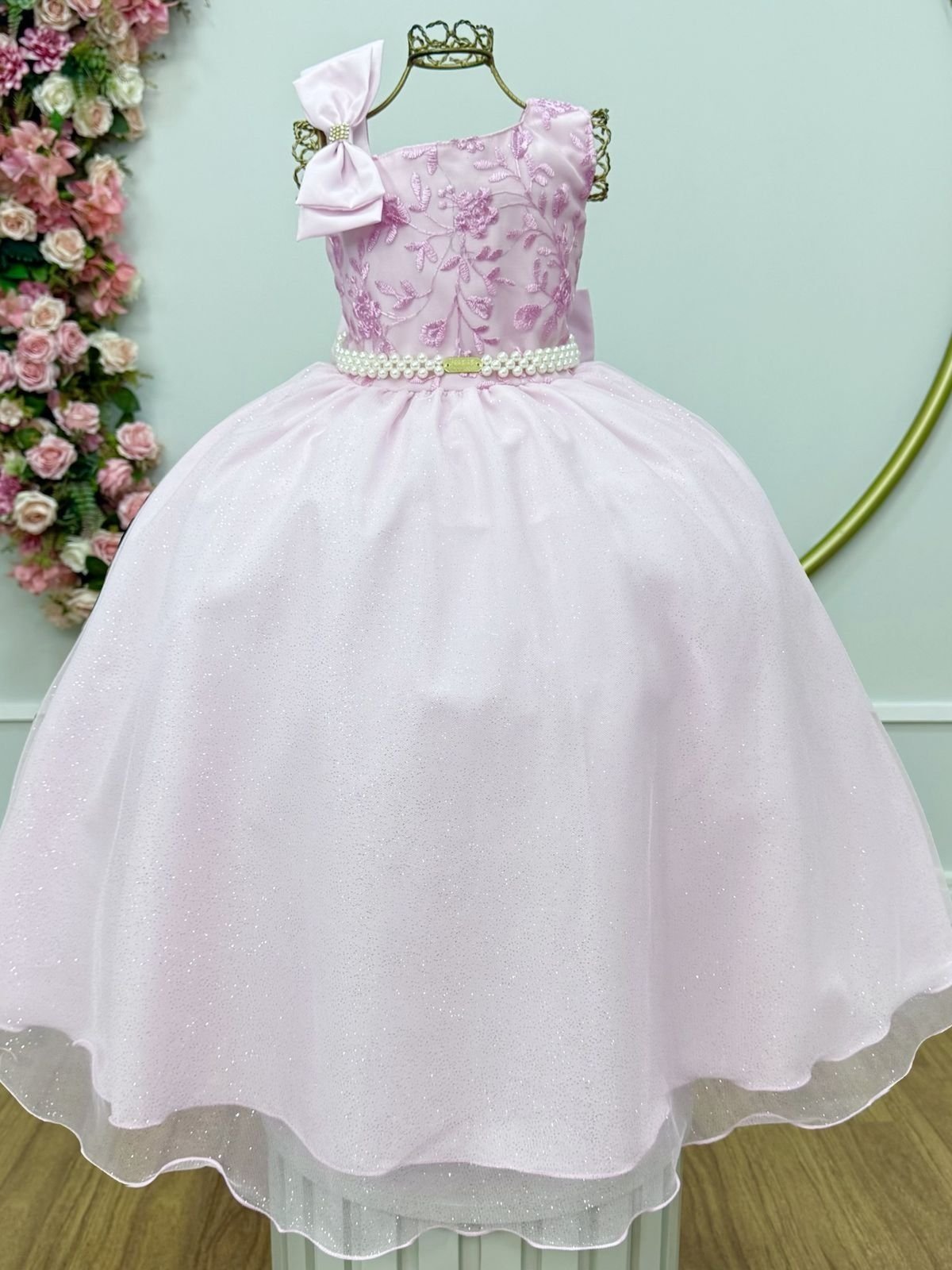 Infantil - Vestido Longo Social Rosa Claro Festa Formatura Casamento Pérolas Dama Daminha Menina Juvenil Princesa Rodado Florista Aniversário Luxo