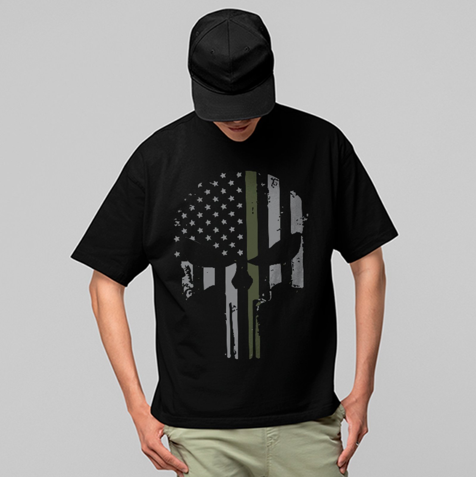 Camiseta Oversized Premium Punisher Caveira Militar American Flag Style Unissex Preto