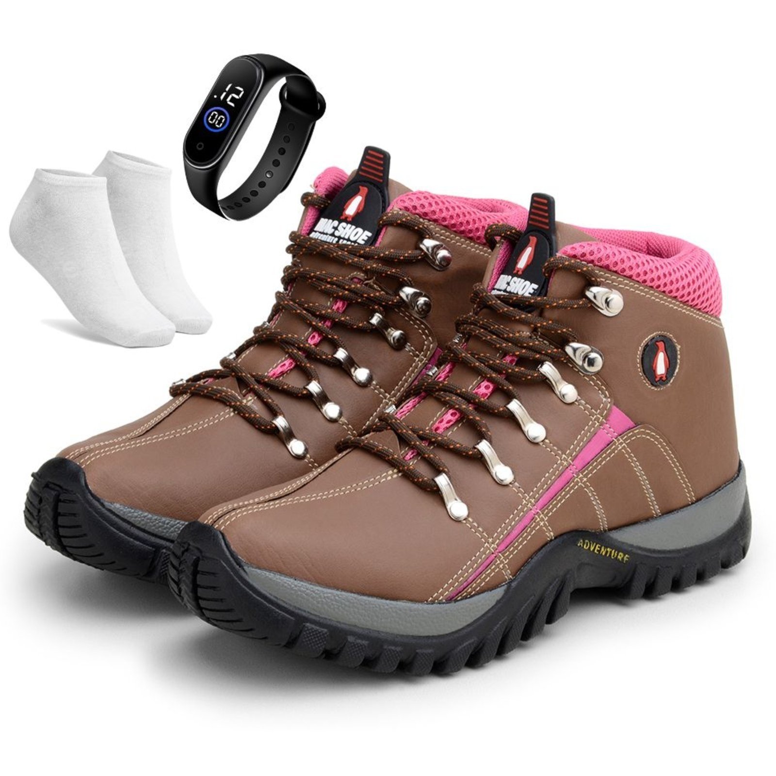 Kit Bota Adventure Bia Ramos para Trilha Confortavel Feminina Marrom Pink + Relógio e Meia