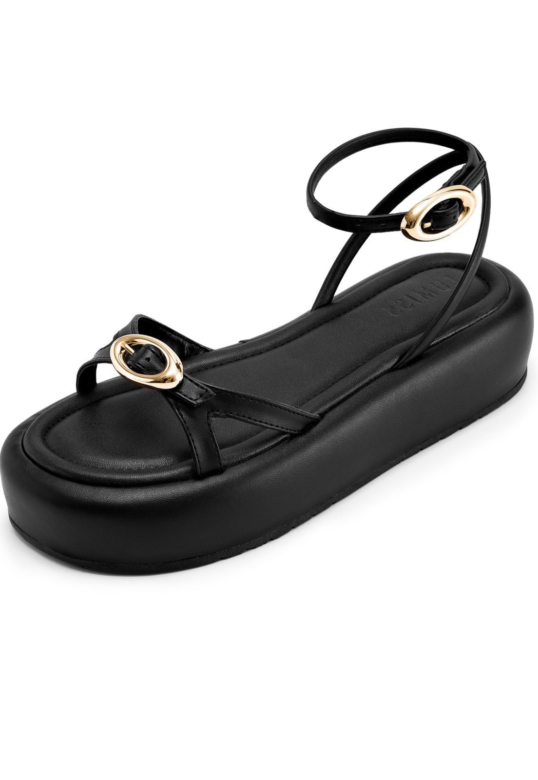 Sandália Feminina Lumiss Flatform Confortável Fivelas Dourada Tiras Finas Preto