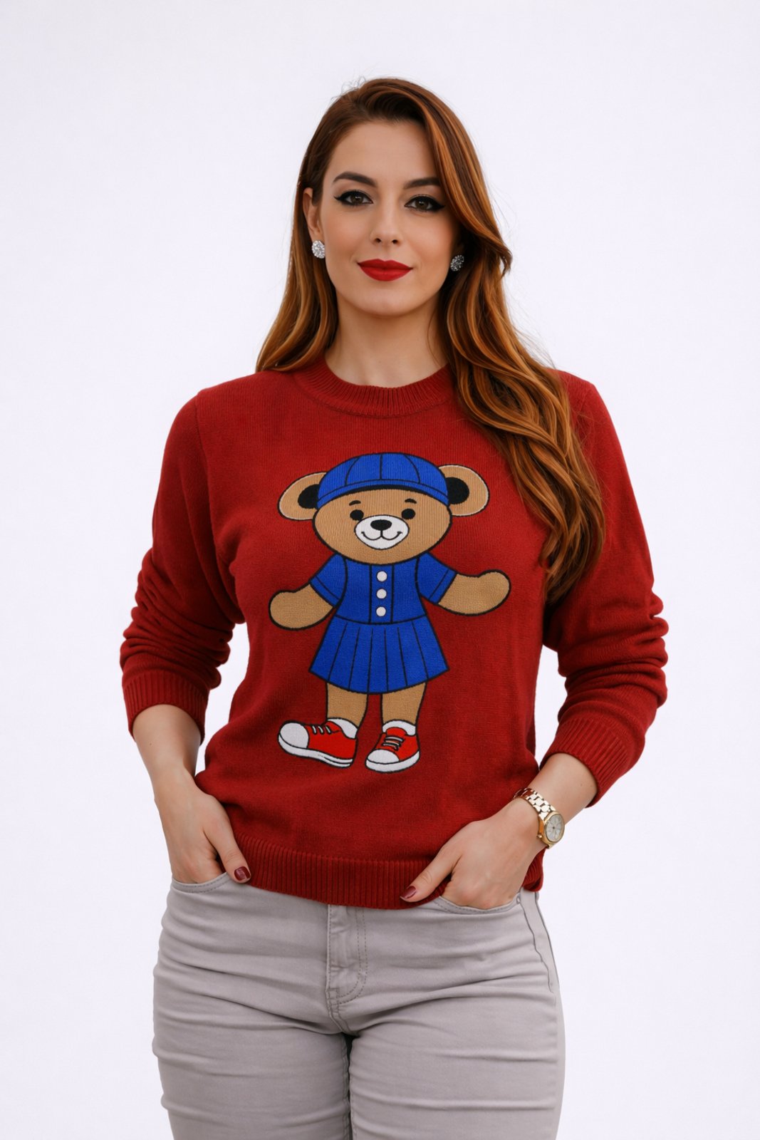 Suéter Tricôt D Bell Outlet Fashion Estampa Urso Bordô