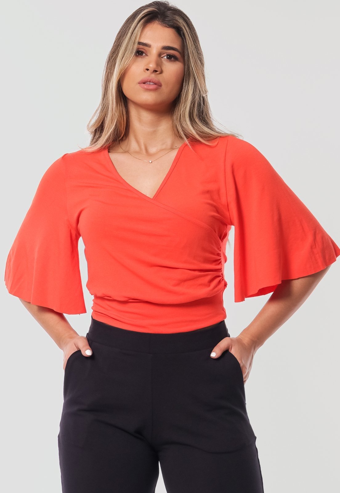 Vista 3 Cropped Manga Flare 3/4 Decote V B'Bonnie Fiore BBonnie laranja BBonnie laranja