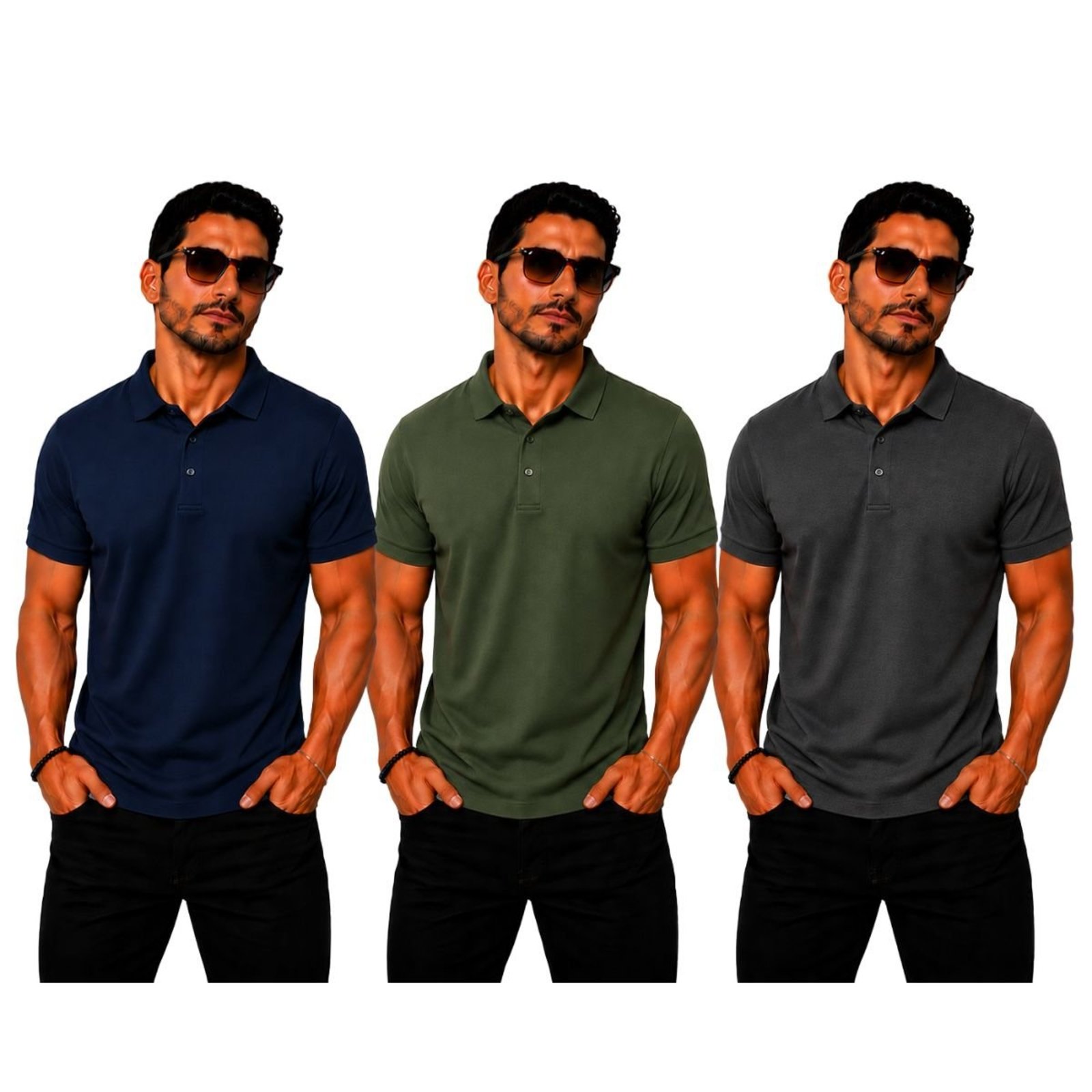 Kit 3 Camisas Polo Poliamida Masculina Básica Premium Multicolorido
