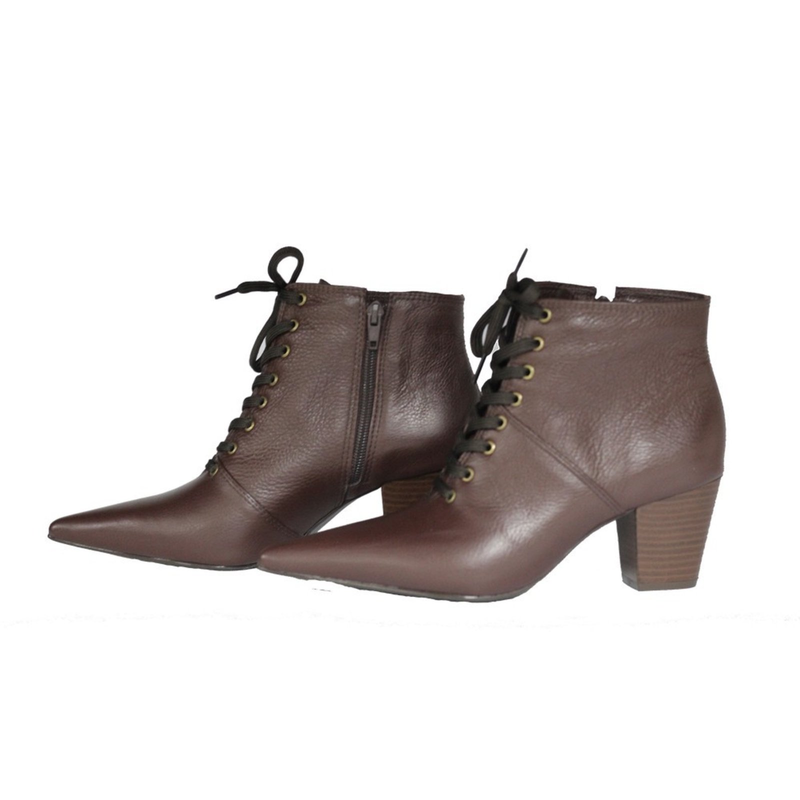 Vista 2 Bota Feminina com Cadarço Bico Fino Cano Curto Couro Salto 6 cm Pinhão Spinelli marrom Spinelli marrom