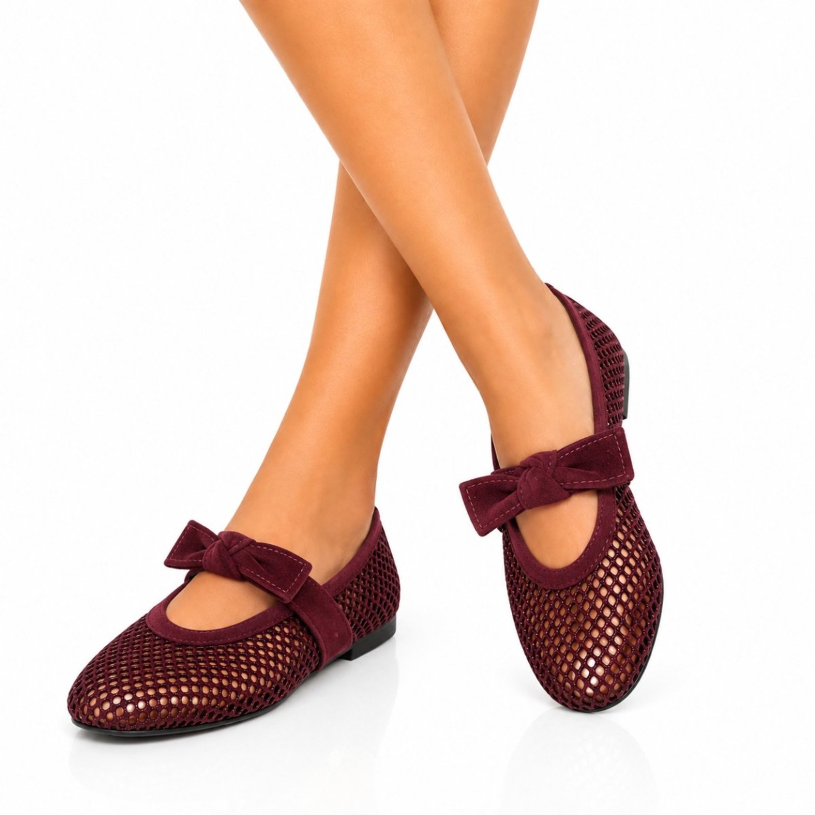 Sapatilha Em Redinha Hannah Footwear Bico Redondo Tira Em Laço 5406 Camurça Bordô