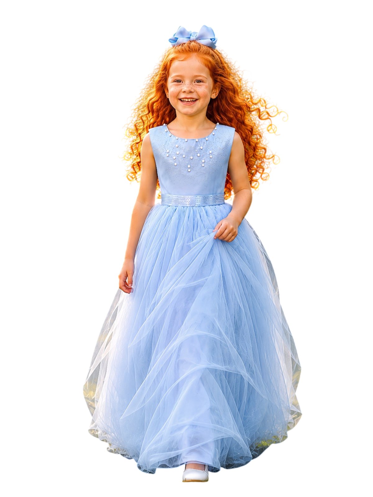 Infantil - Vestido Longo Azul Claro Serenity Formatura Casamento Dama Daminha Social Menina Juvenil Festa Pérolas Juvenil Princesa Rodado Florista Aniversário Luxo
