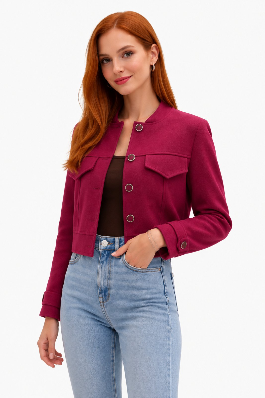 Jaqueta Cropped D Bell Outlet Fashion Lã Batida Rosa