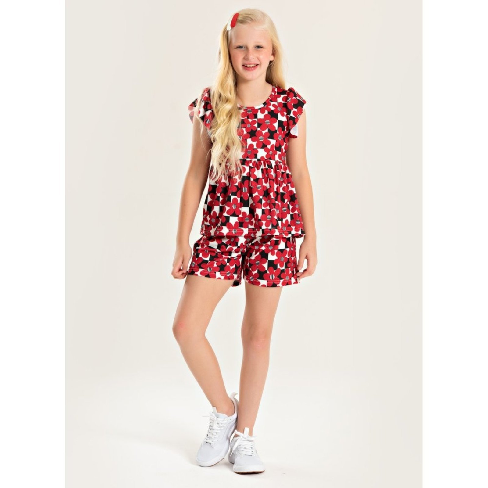 Vista 2 Infantil - Conjunto Molekada Verão Menina Cropped com Babado e Shorts Flores preto Molekada preto