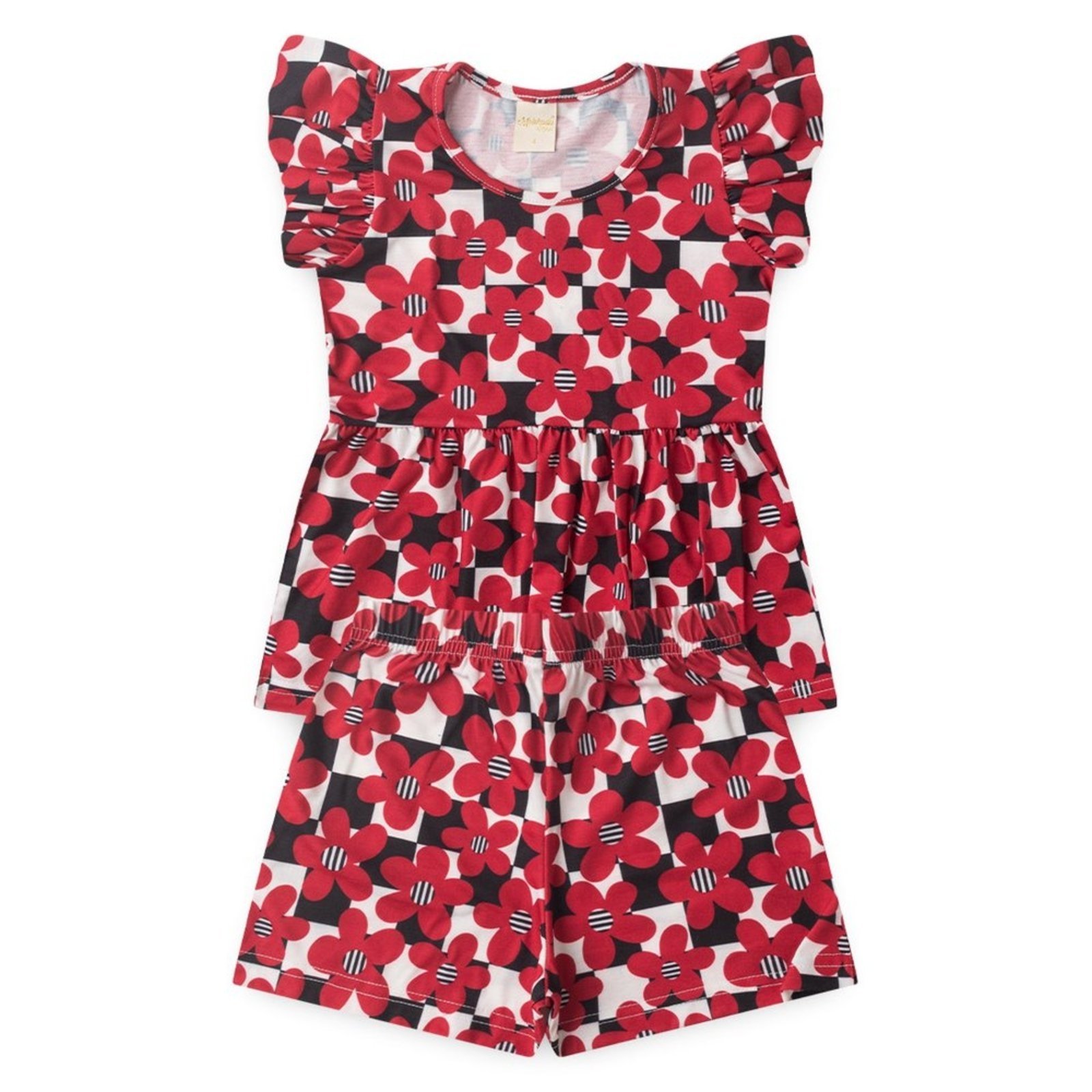 Vista 3 Infantil - Conjunto Molekada Verão Menina Cropped com Babado e Shorts Flores preto Molekada preto