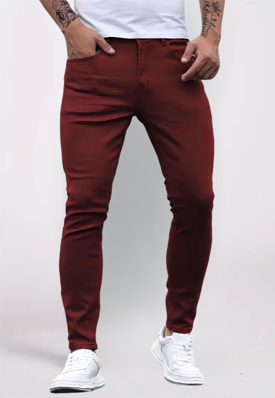 Vista 3 Calça Masculina de Sarja 5 Estilos Alfaiatada Skinny com Elastano vinho 5 ESTILOS vinho
