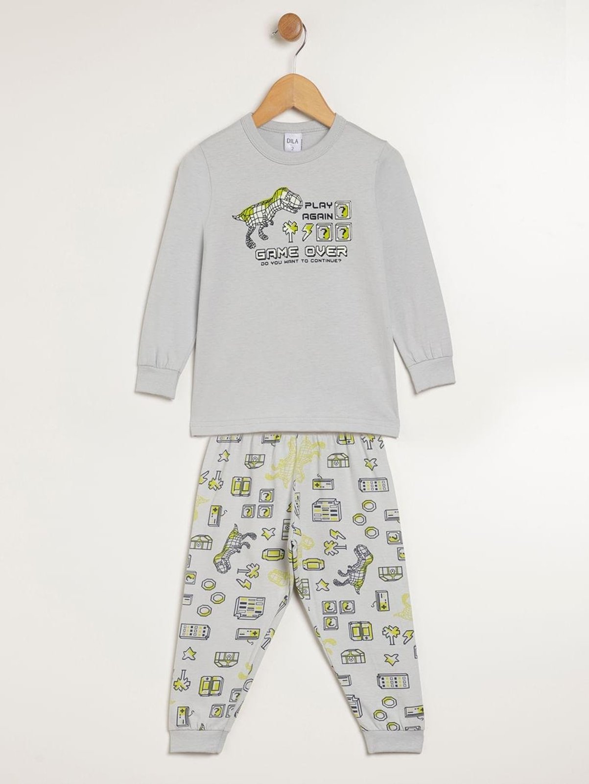 Pijama Longo Estampado Para Menino - CINZA