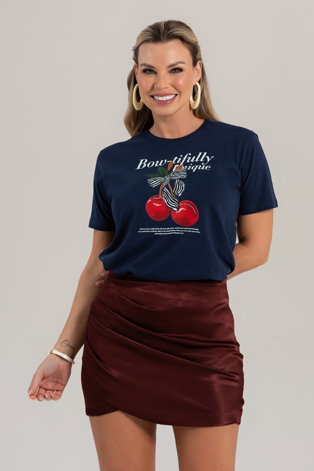 Camisa Feminina Cianitas Azul Marinho Estampa Cereja Unique