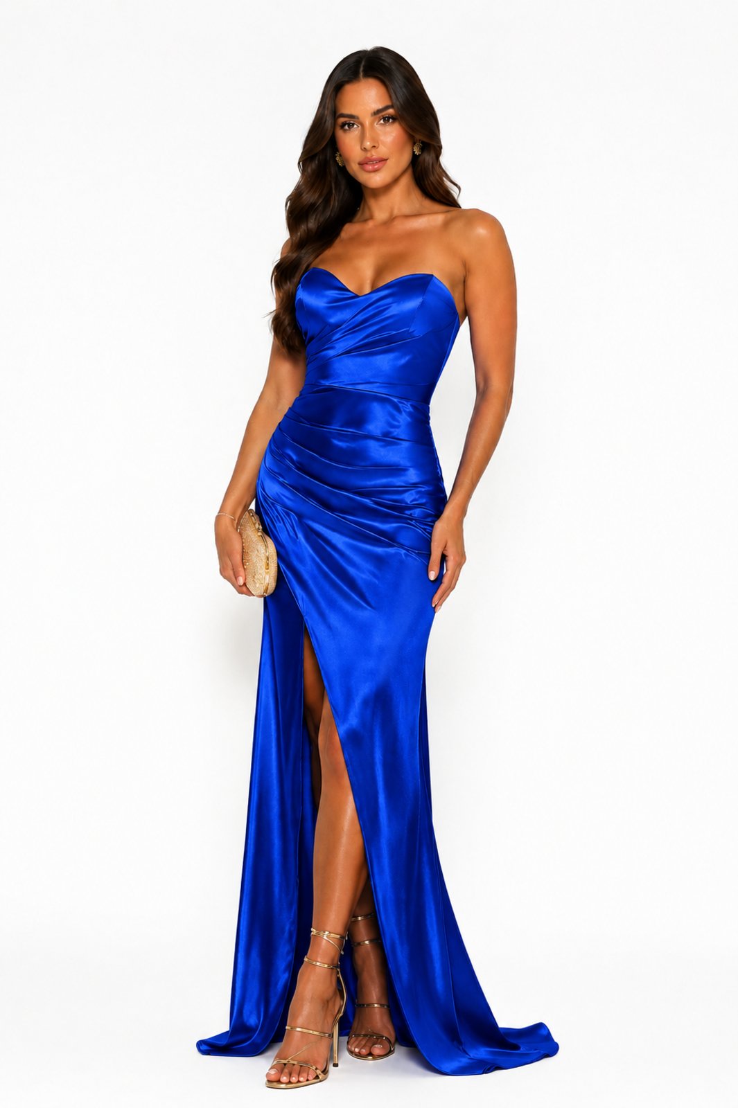 Vestido Longo D Bell Outlet Fashion Cetim Decote Coração Azul Royal