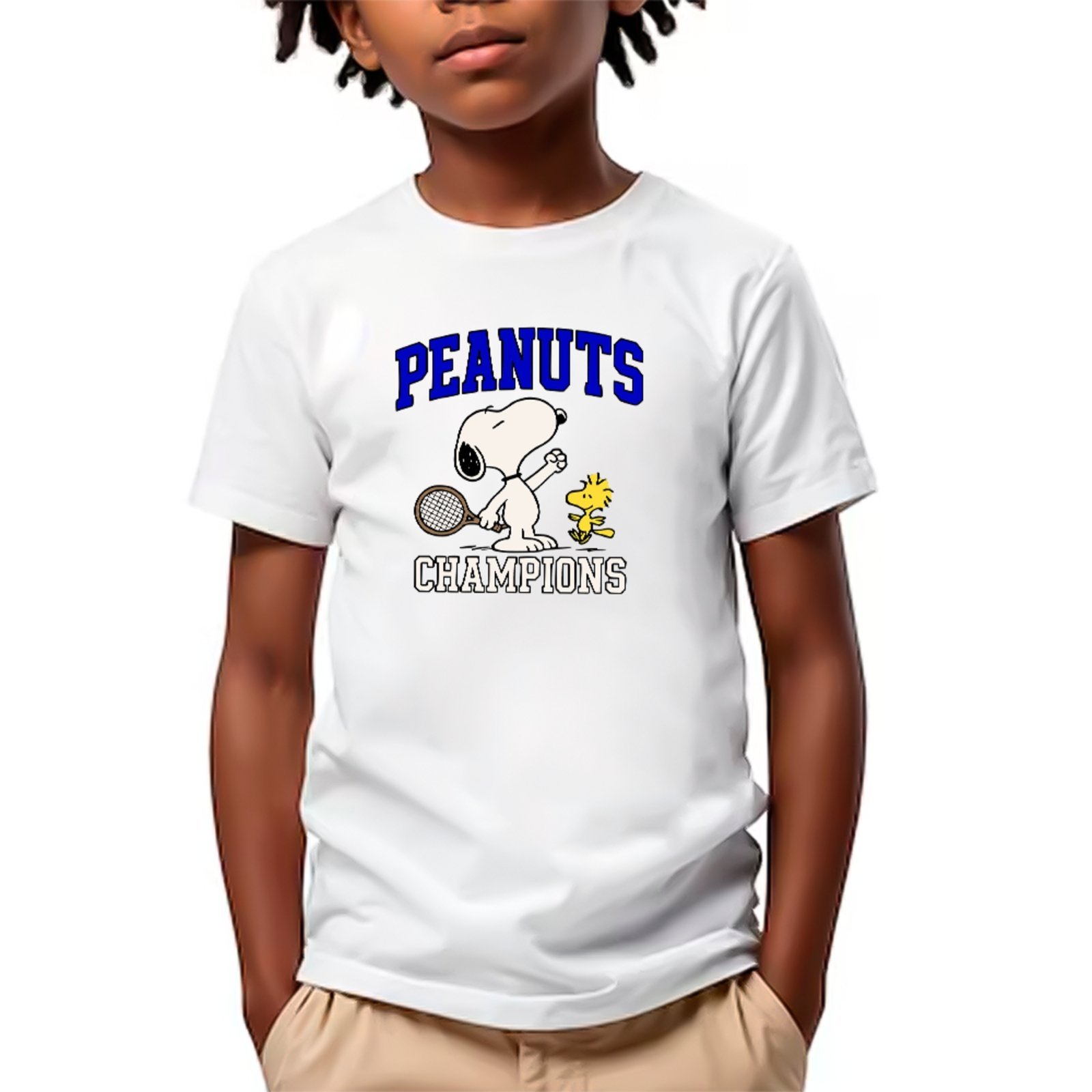 Infantil - Camiseta Snoopy E Woodstock Tennis Champions Unissex Branco